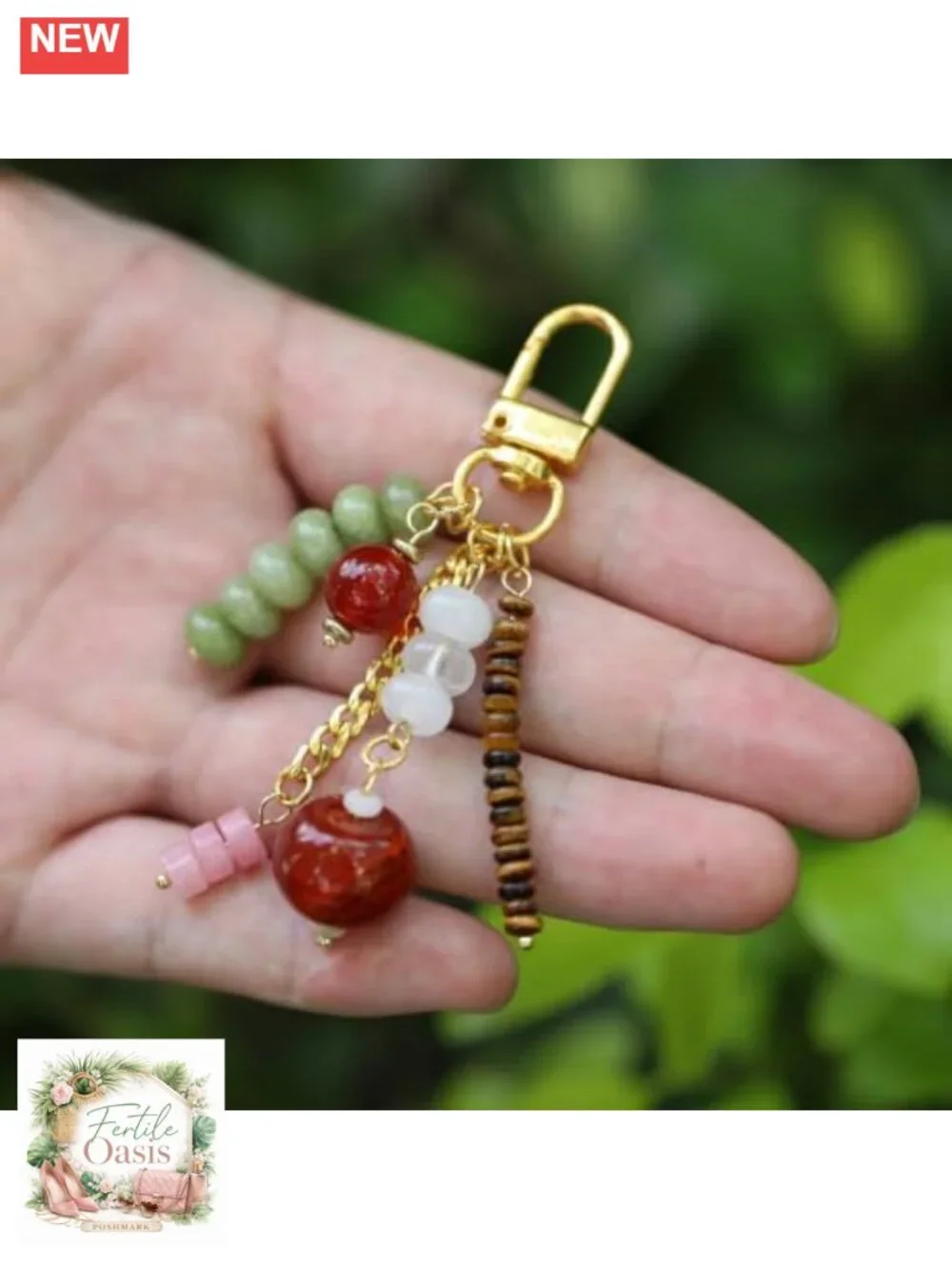Handmade Natural Stone Beaded Keychain Charm with Gold Plated Hardware